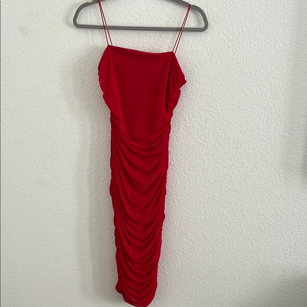B Darlin Red Ruched Midi Dress with Spaghetti Straps for Night Out